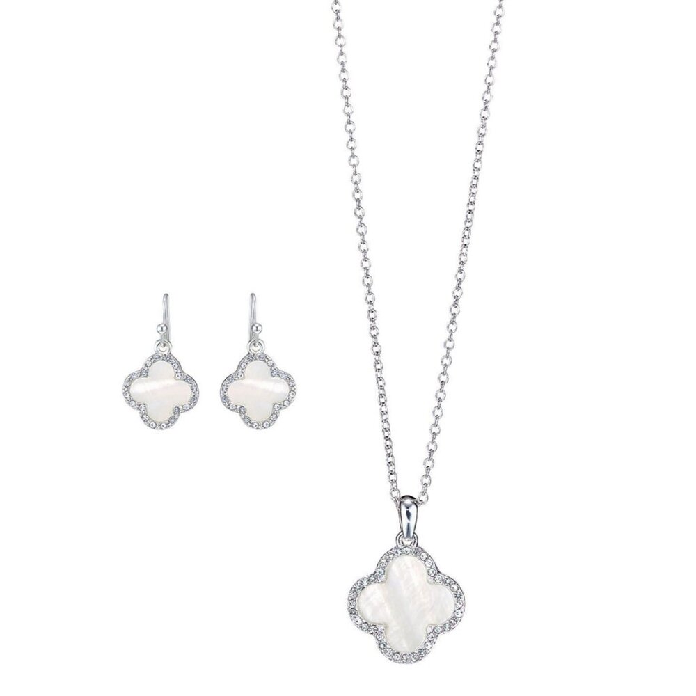 Avon Pavé Accents 4-Leaf Clovers Mother of Pearl Pendant & Pierced Earrings Set